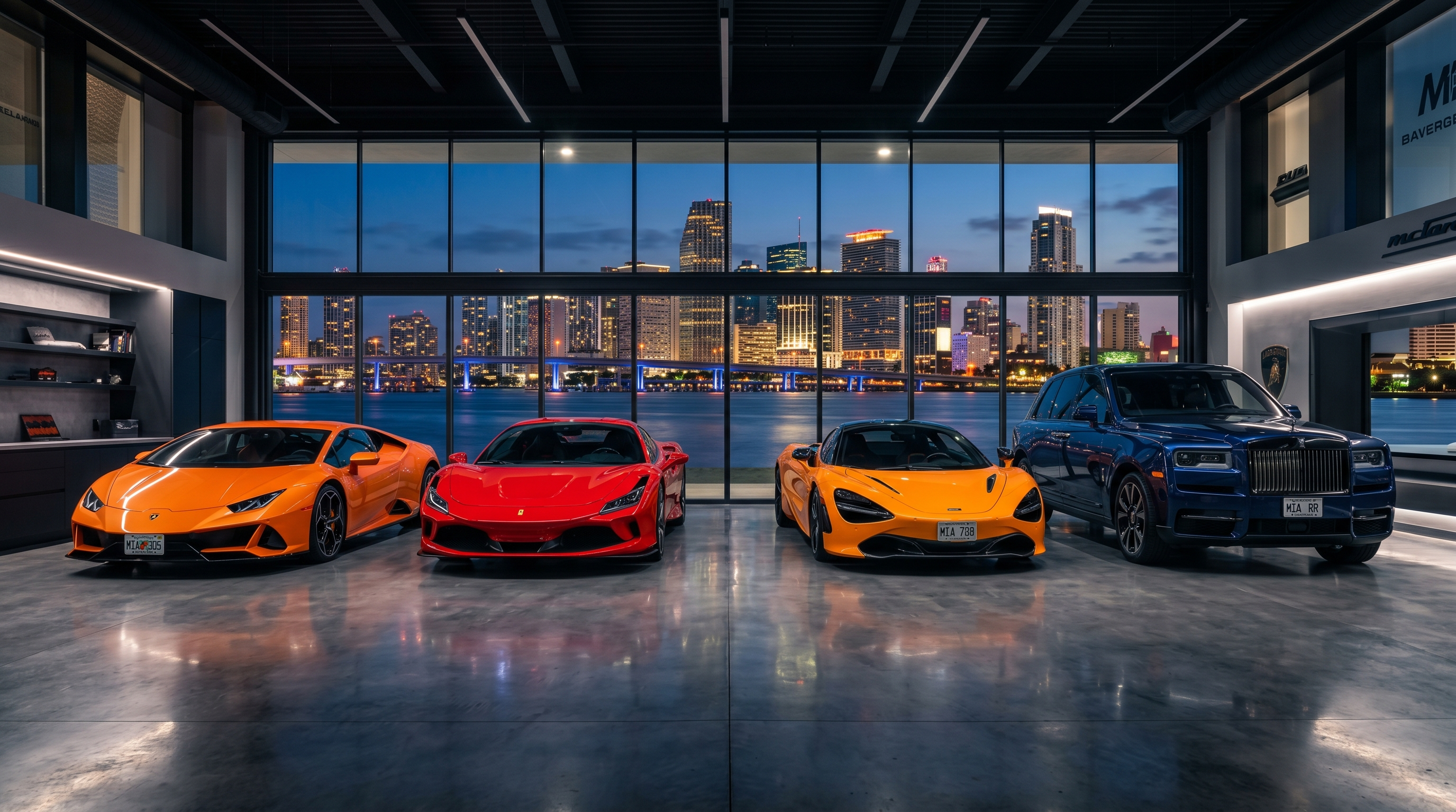 Fleet of exotic supercars lined up — Lamborghini Huracan, Ferrari F8, McLaren 720S, Rolls-Royce Cullinan — in Miami garage with city skyline backdrop, dramatic lighting