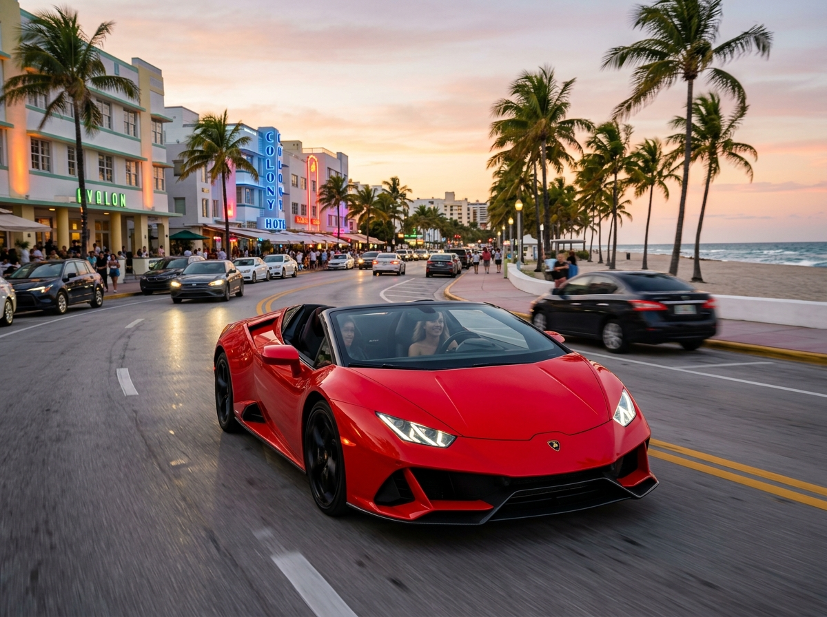 2023 Lamborghini Huracan EVO Spyder red exterior, Miami beach road backdrop, exotic supercar