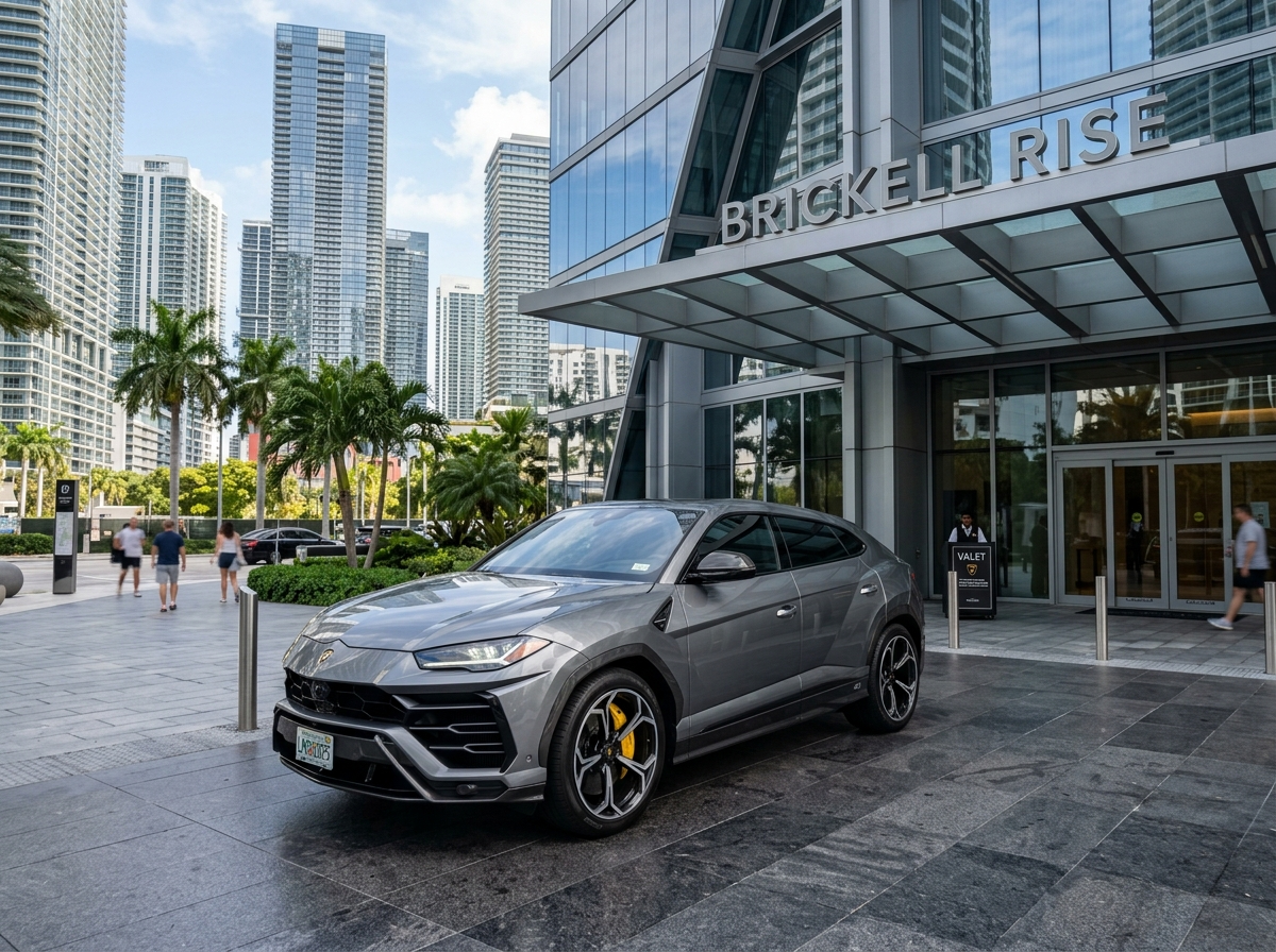2025 Lamborghini Urus SE SUV grey metallic parked at Brickell Miami skyscraper entrance