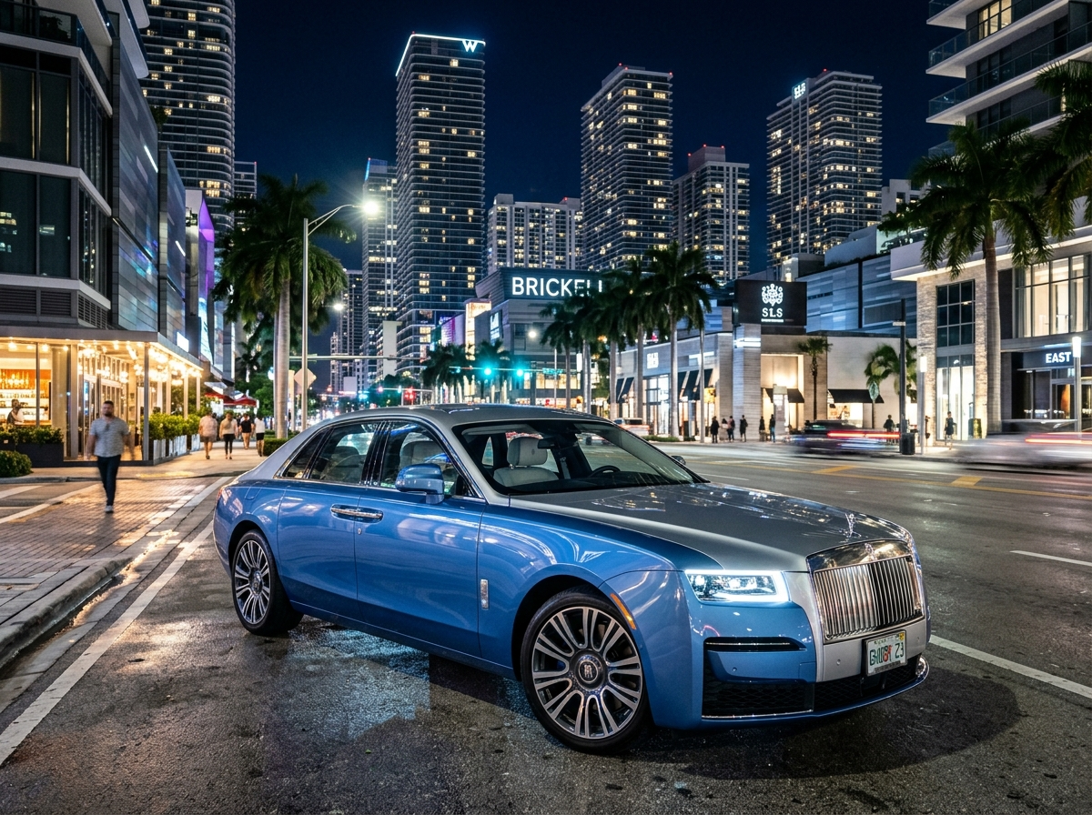2023 Rolls-Royce Ghost silver over blue two-tone sedan at night Brickell Miami high-rise backdrop