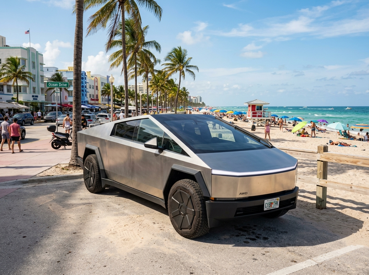 2024 Tesla Cybertruck AWD silver stainless steel parked South Beach Miami beachfront day
