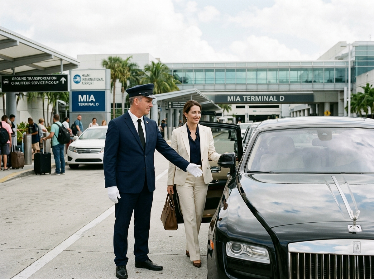 Chauffeur service Miami — uniformed professional driver holding door open for Rolls-Royce Ghost at MIA airport terminal
