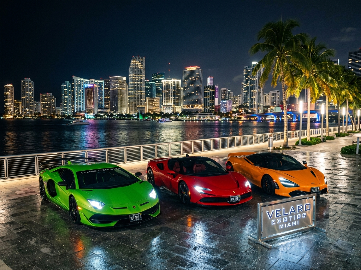 Exotic supercar fleet Velaro Exotics Miami — Lamborghini Ferrari McLaren parked at night Miami skyline Brickell